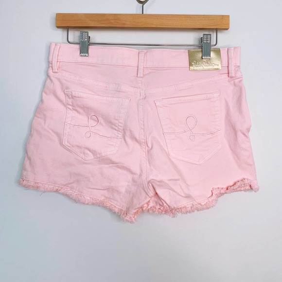 Lilly Pulitzer South Ocean High Rise Ruffle Hem Denim Shorts Stretch Pink Size 4 - Picture 2 of 11